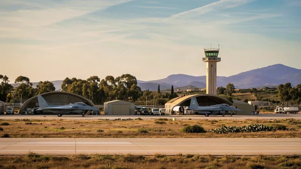 Piste, hangars et avions de chasse à la base aérienne de Decimomannu en Sardaigne sous une lumière dorée