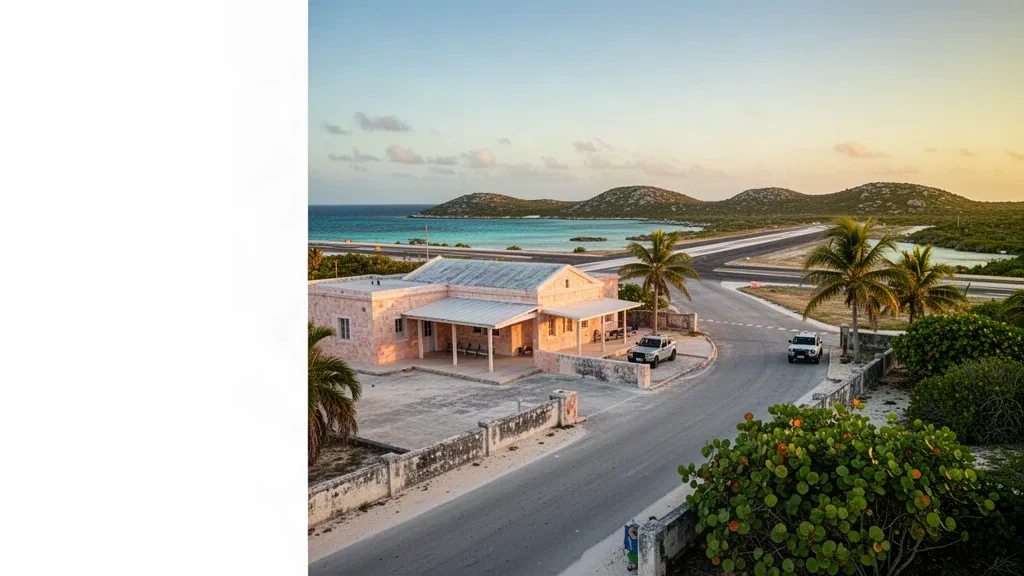 Small island terminal building and airstrip at Duncan Town Airport on Ragged Island, Bahamas, in warm late-afternoon Caribbean light