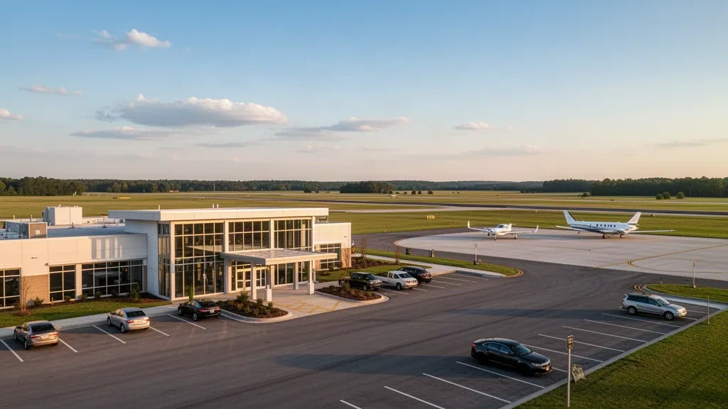 Vorfeld und Terminal des Pryor Field Regional Airport in der goldenen Stunde, mit geparkten Flugzeugen und offenem Himmel nahe Decatur, Alabama.