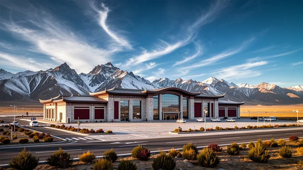 Terminal dell'aeroporto di Daocheng Yading sull'altopiano tibetano con montagne innevate e strade di accesso all'aeroporto nella luce dorata