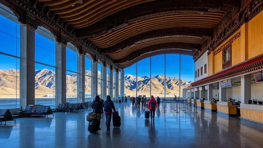 Interno luminoso del terminal dell'aeroporto di Daocheng Yading sull'altopiano tibetano, con viaggiatori, tetto curvo in legno e viste sulle montagne