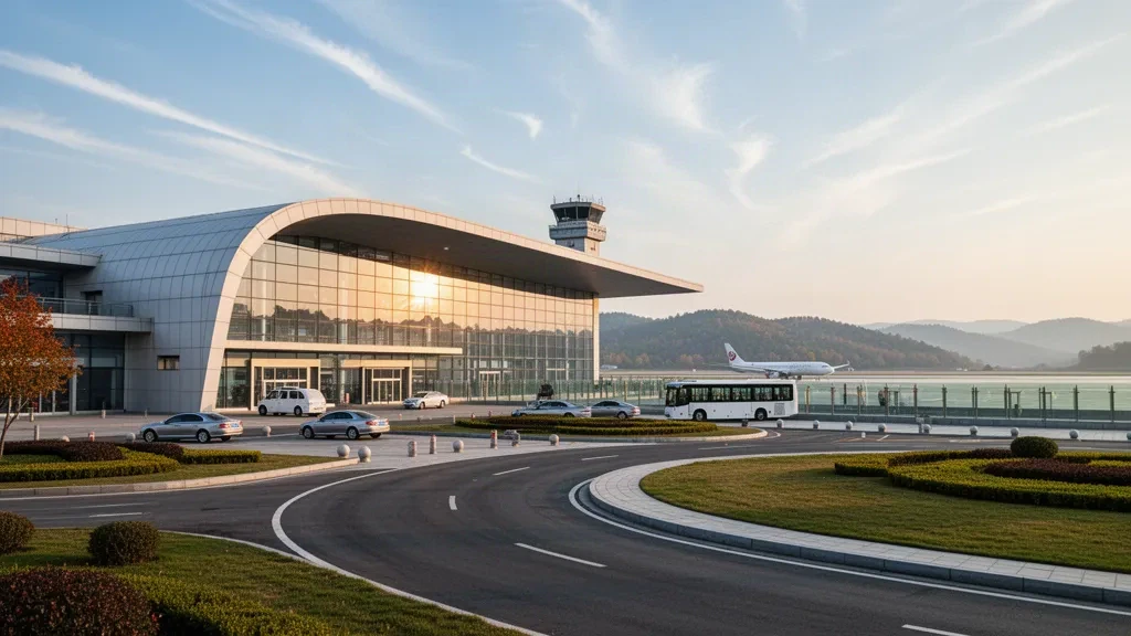 Modern glass terminal and drop-off lanes at Dandong Langtou International Airport in golden-hour light, framed by distant hills