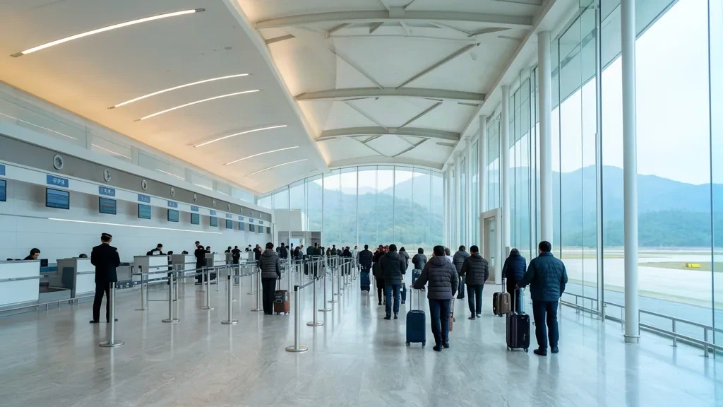 Helle Check-in- und Abflughalle im Terminal des internationalen Flughafens Dandong Langtou mit Glaswänden und anstehenden Reisenden