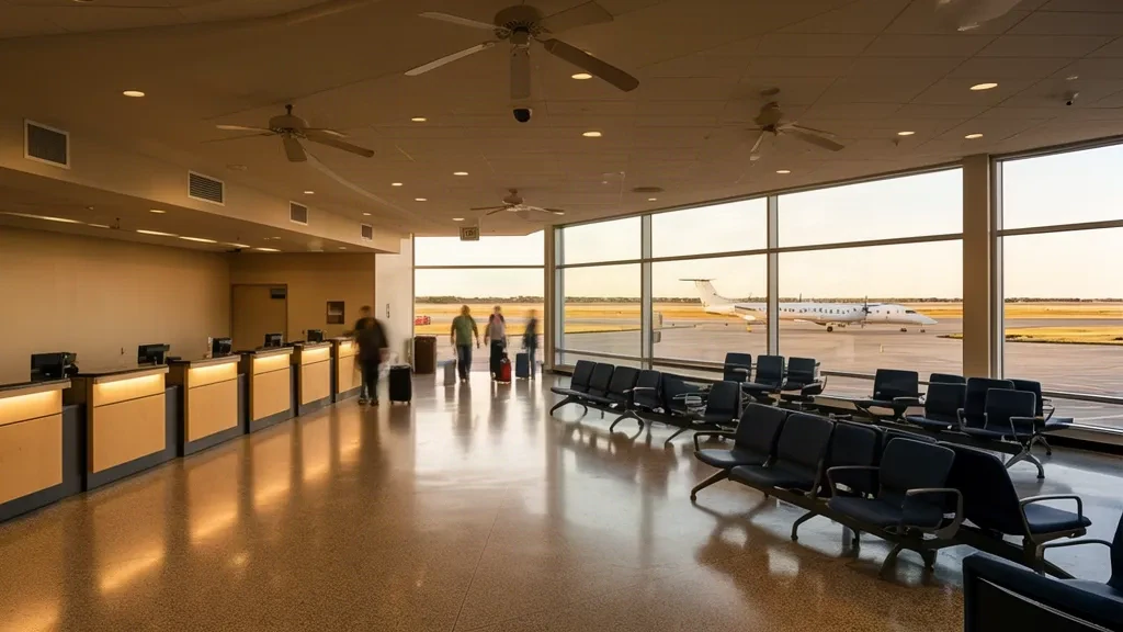 Intérieur du terminal de l'aéroport régional de Dodge City au Kansas avec comptoirs d'enregistrement, sièges et fenêtres donnant sur le tarmac tranquille