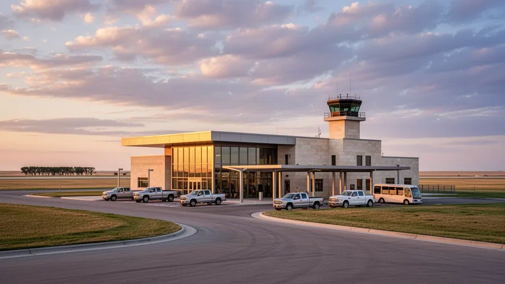 Kansas'taki Dodge City Regional Airport'ta geniş altın saatli bozkır gökyüzü altında modern cam terminal ve kavisli indirme-bindirme şeridi
