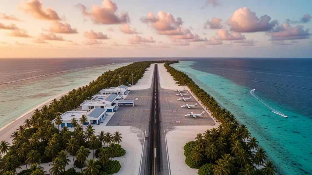 Vista aérea de una pista y una terminal de aeropuerto en una isla tropical junto a una laguna turquesa en Kudahuvadhoo, en el atolón de Dhaalu, Maldivas