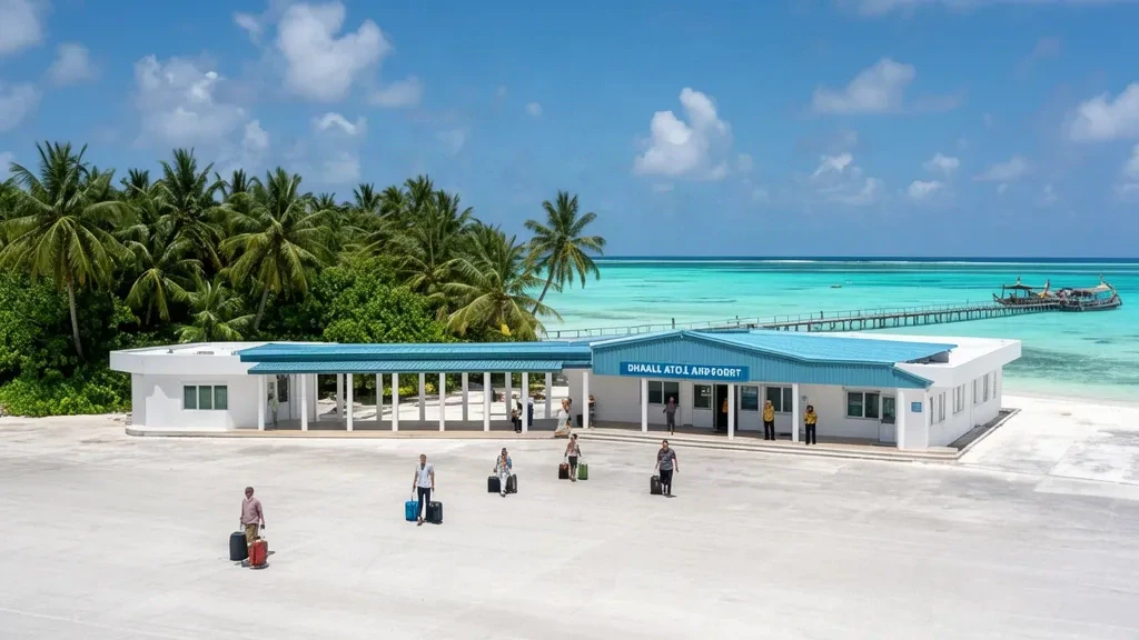 Maldivler'in Kudahuvadhoo kentindeki Dhaalu Atoll Havalimanı'nda palmiye ağaçları ve güneşli apronun ötesinde turkuaz bir lagün bulunan küçük tropikal terminal.
