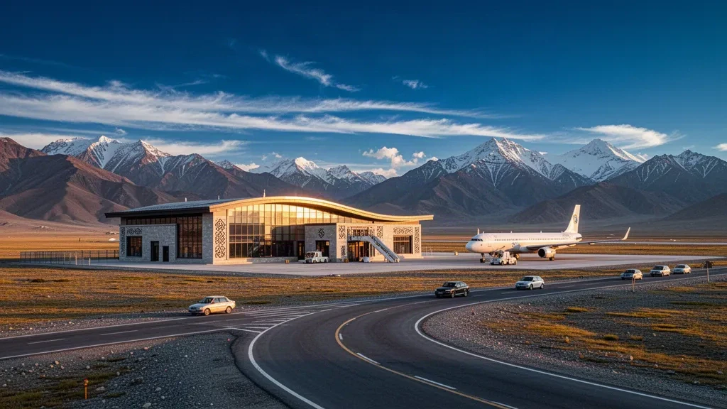 Modern high-altitude airport terminal on the Tibetan Plateau at Shigatse Tingri, with Himalayan snow peaks and a clear deep blue sky