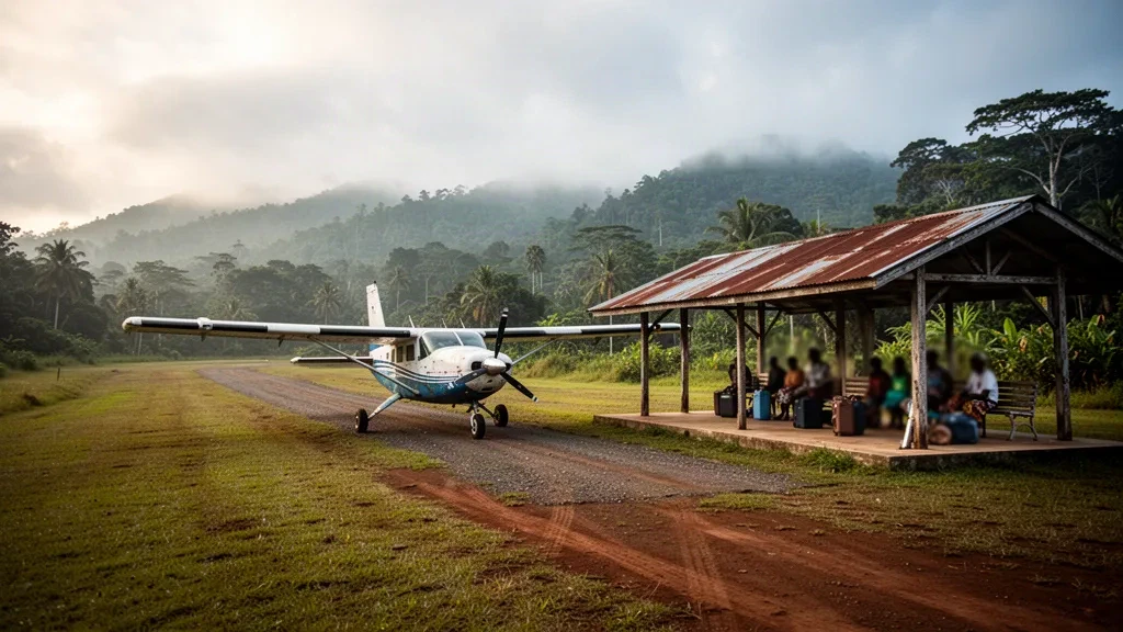 Piccolo aereo bimotore ad elica parcheggiato sulla pista erbosa del remoto aeroporto di Dodoima in Papua Nuova Guinea, circondato da colline di foresta pluviale tropicale nella luce soffusa del mattino
