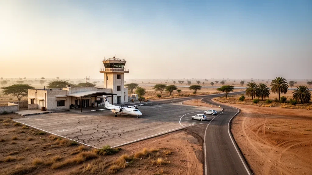 Piccolo edificio terminal e torre di controllo dell'aeroporto di Dadu West nel Sindh, Pakistan, con un turboelica parcheggiato sulle pianure aride durante l'ora d'oro.