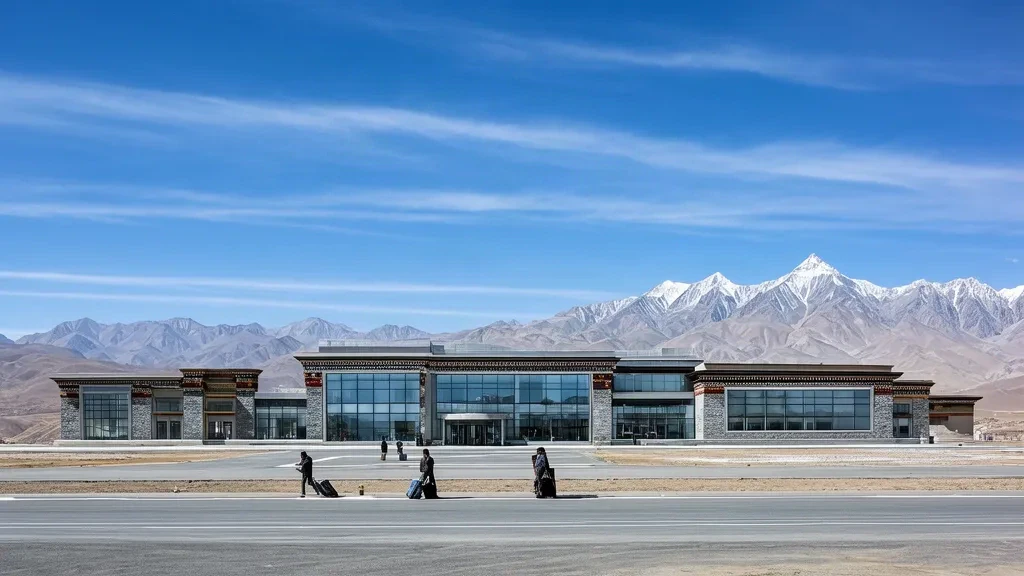 Modern terminal building at Shigatse Tingri Airport on the Tibetan Plateau, with Himalayan peaks in the background.