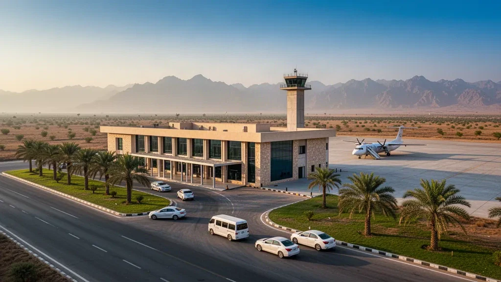 Blick zur goldenen Stunde auf das Terminal des Flughafens Dera Ghazi Khan, das Vorfeld und die Bringspur im Süden des Punjab mit den Ausläufern des Sulaiman-Gebirges im Hintergrund.
