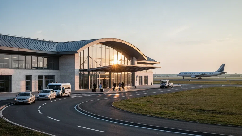 Esterno moderno del terminal in vetro dell'Aeroporto Internazionale di Debrecen con corsie per la sosta, piazzale aeromobili e via di rullaggio nella calda luce dell'ora d'oro