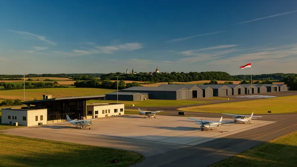 Terminal building and aircraft apron at Decorah Municipal Airport in Iowa in warm late-afternoon light
