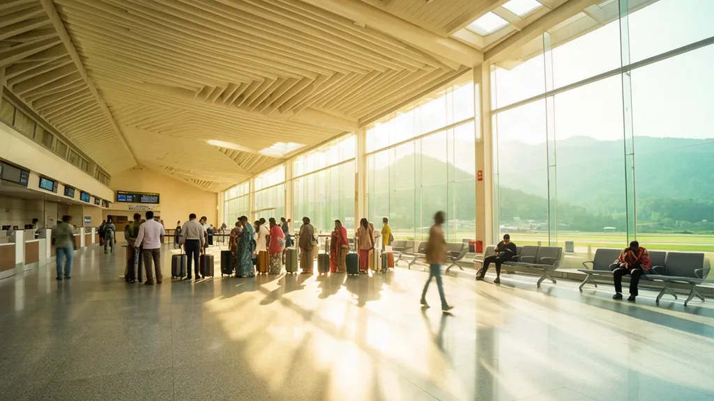 Travellers with luggage in the sunlit terminal hall of Dehradun Jolly Grant Airport, with the Shivalik foothills beyond the glass wall.