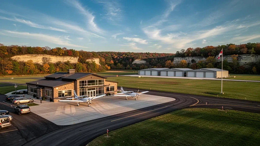 Terminal und Vorfeld des Decorah Municipal Airport mit abgestellten einmotorigen Flugzeugen in den bewaldeten Hügeln im Nordosten Iowas zur goldenen Stunde