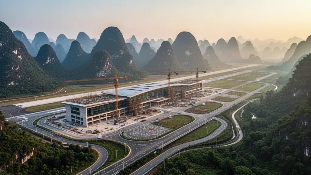 Terminal y pista parcialmente construidos en el Aeropuerto de Tongren Dejiang, Guizhou, con grúas de construcción y montañas de fondo al amanecer.