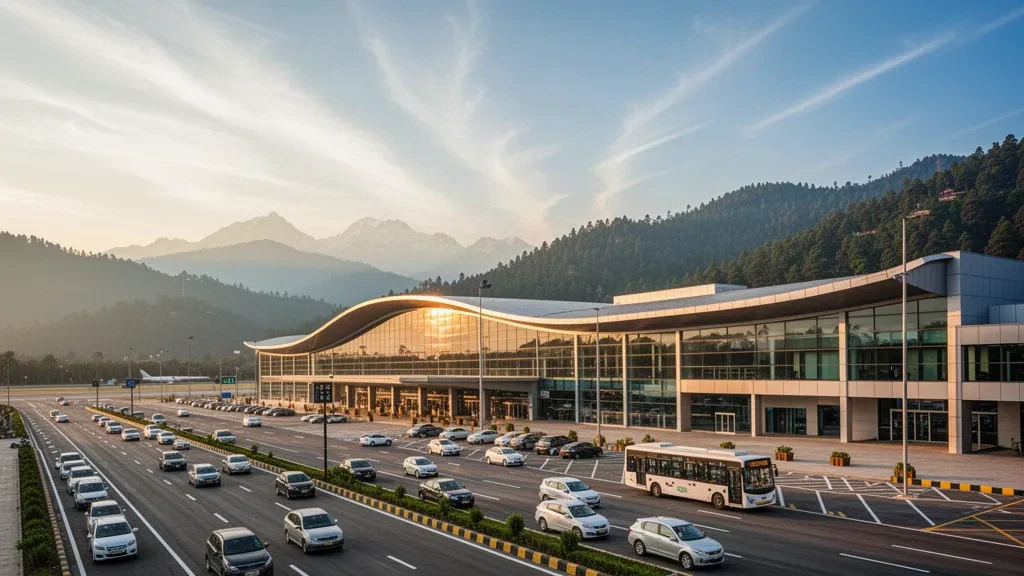 Moderner Glasterminal von außen am Flughafen Dehradun Jolly Grant mit Ausläufern des Himalaya, Zufahrtsstraßen und Licht zur goldenen Stunde.