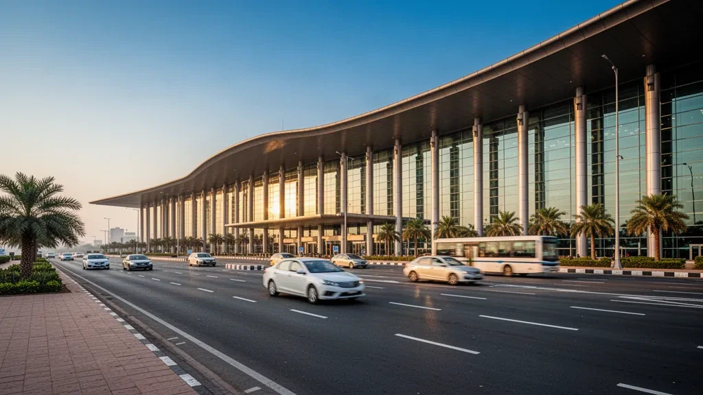 Extérieur moderne d'un terminal vitré et voies d'accès à l'aéroport international Indira Gandhi de Delhi à l'heure dorée