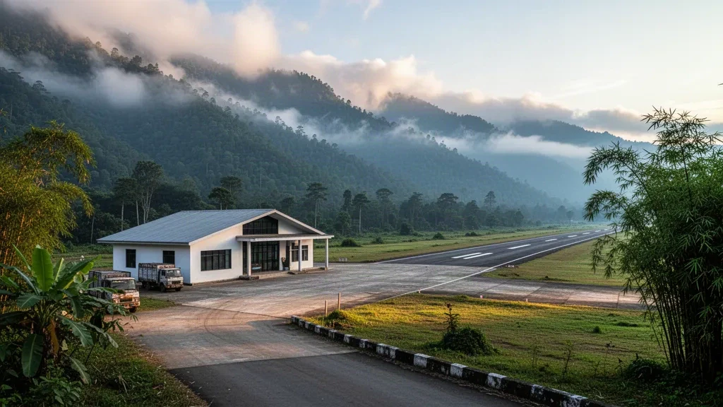 Small regional airport terminal and single runway at Daporijo in Arunachal Pradesh, framed by misty Himalayan foothills at golden hour