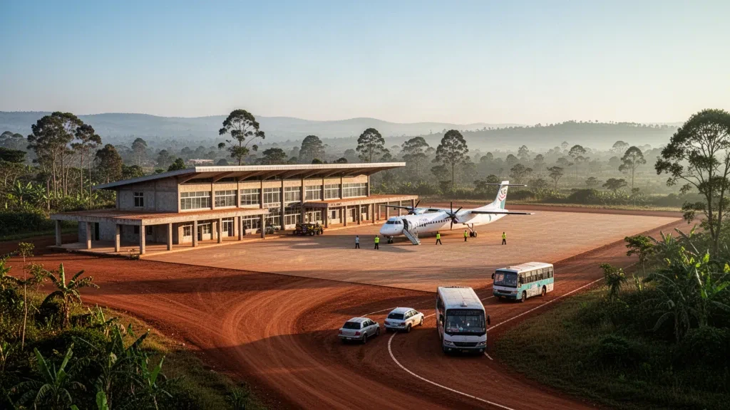 Piccolo terminal aeroportuale regionale e turboelica parcheggiato sul piazzale a Dembidollo negli altopiani occidentali dell'Etiopia sotto una calda luce pomeridiana