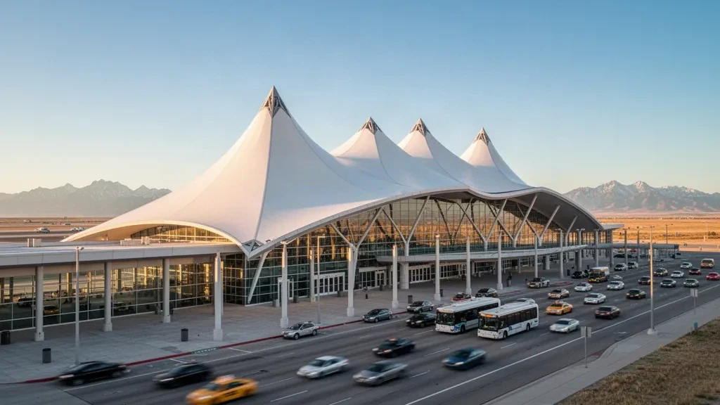 Das weiße, spitz zulaufende Dach des Terminals des Denver International Airport zur goldenen Stunde, dahinter erheben sich die Rocky Mountains über die Ebenen von Colorado.