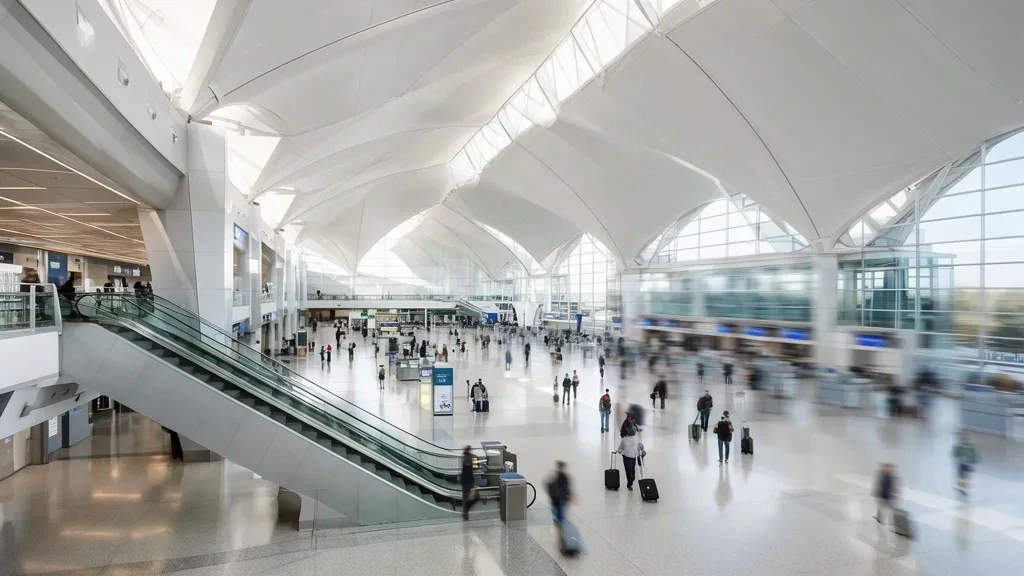 Intérieur ensoleillé du terminal Jeppesen de l'aéroport international de Denver avec son toit en pointe emblématique et des voyageurs traversant le grand hall.