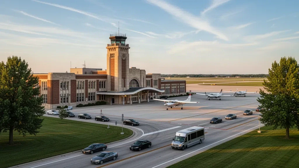 Historic brick terminal and control tower at Coleman A. Young Municipal Airport in Detroit with general aviation planes on the apron at golden hour