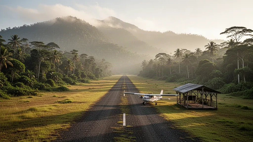 Remote tropical airstrip at Derim Airport in Papua New Guinea, with a small plane, rainforest, and misty mountains at golden hour.