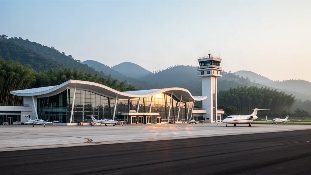 Zhejiang'daki Deqing Moganshan Havalimanı'nda modern cam terminal ve aprondaki hafif uçak, altın saatte yeşil tepelerle çevrili
