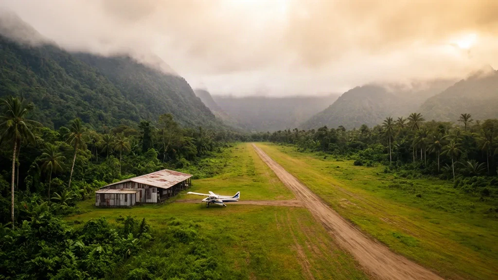 Piccola pista di atterraggio rurale all'aeroporto di Derim in Papua Nuova Guinea con un aereo leggero e montagne della foresta pluviale