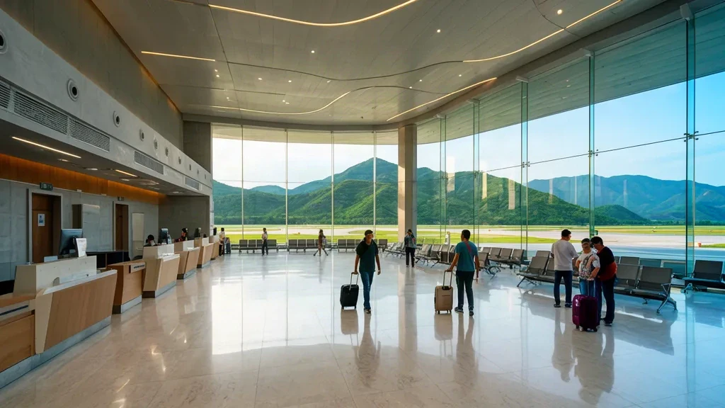 Intérieur du terminal moderne de l'aéroport de Shangluo DFA, avec comptoirs d'enregistrement, voyageurs assis et grandes fenêtres encadrant les monts Qinling verdoyants