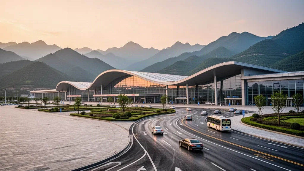 Moderno terminal dell'Aeroporto di Shangluo nello Shaanxi con facciata in vetro e le montagne del Qinling sullo sfondo durante l'ora d'oro