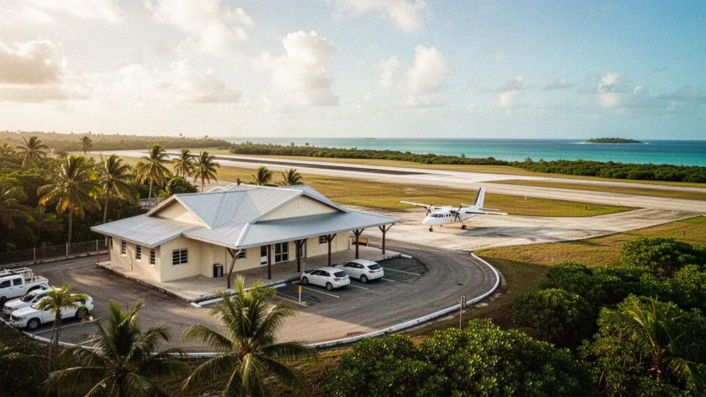 Small tropical terminal and single runway at Dangriga Airport in Belize, framed by palm trees under a bright Caribbean sky