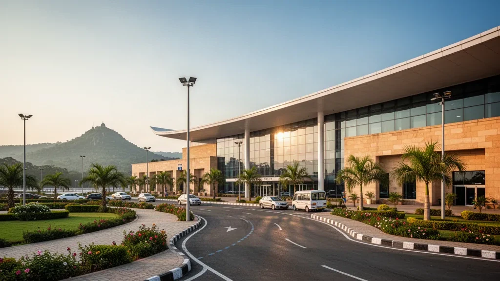 Modern glass and sandstone terminal exterior at Deoghar Airport in Jharkhand with a curving canopy, landscaped forecourt and hills at golden hour