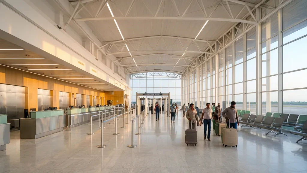 Helles Terminalinnere am Flughafen Deoghar DGH in Jharkhand mit Check-in-Schaltern, Sitzgelegenheiten und Reisenden, die bei Tageslicht Gepäck rollen