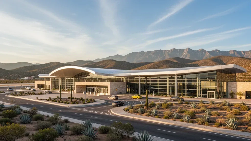 Modern glass terminal facade and drop-off lanes at General Guadalupe Victoria International Airport near Durango, Mexico at golden hour
