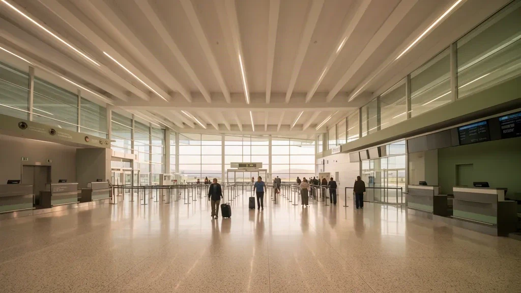 Bright terminal interior at General Guadalupe Victoria International Airport (DGO) in Durango, Mexico, showing the departure hall, check-in area and modern arch
