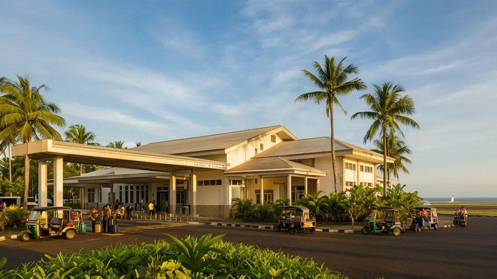 Sibulan Airport DGT terminal in Negros Oriental, Philippines, with tropical landscaping and passengers arriving under warm afternoon light.