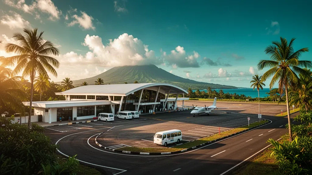 Tropisches Terminal von außen und von Palmen gesäumte Vorfahrtspur am Flughafen Dumaguete–Sibulan auf den Philippinen zur goldenen Stunde
