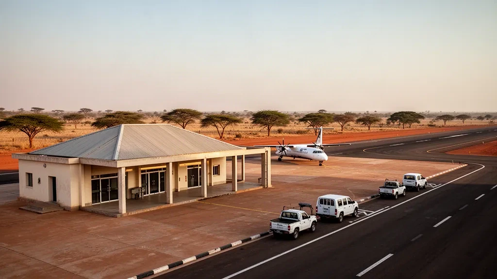 Pequeña terminal regional y pista bañada por el sol en el aeropuerto de Dedougou, en el paisaje de sabana seca del Sahel de Burkina Faso