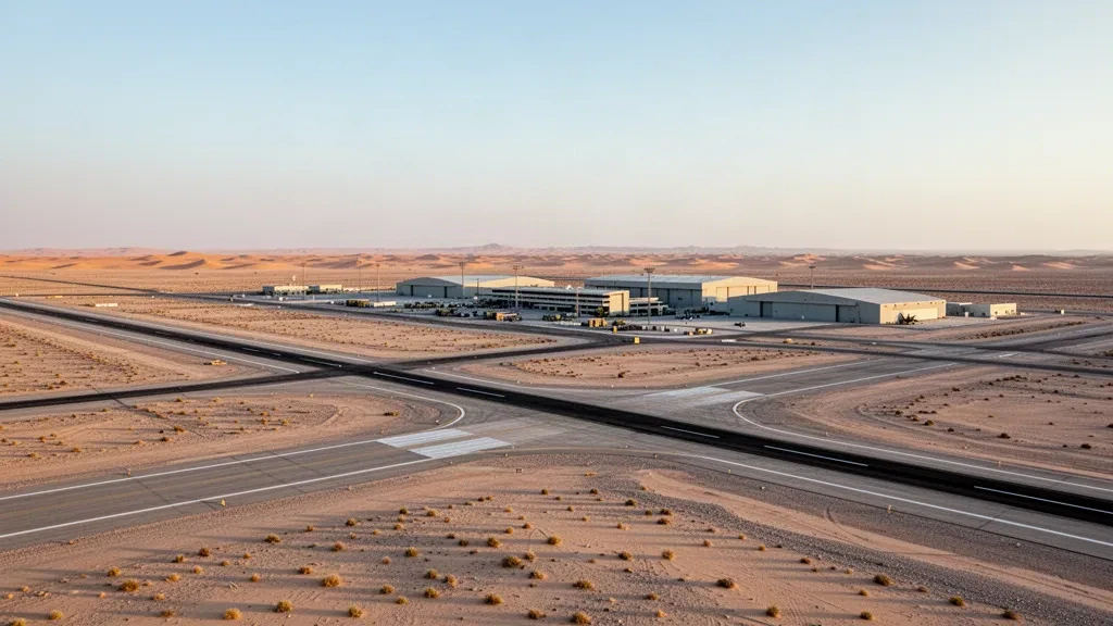 Wide view of Al Dhafra Air Base in the UAE, showing a desert runway, hangars and golden-hour light over arid terrain.