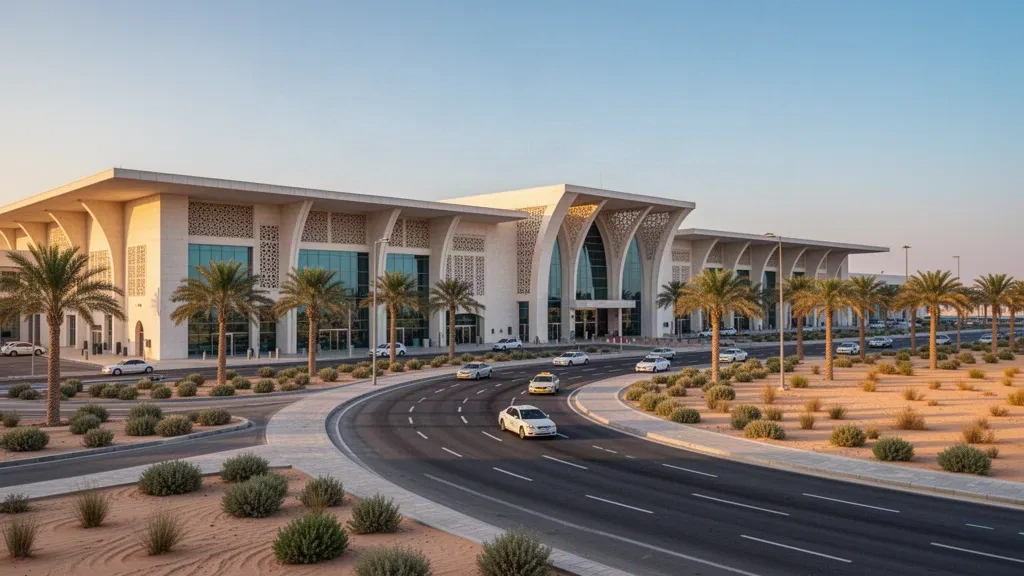 Außenansicht eines modernen Terminals am König-Abdulaziz-Luftwaffenstützpunkt in Dhahran mit palmengesäumten Zufahrtsstraßen im warmen Licht der goldenen Stunde
