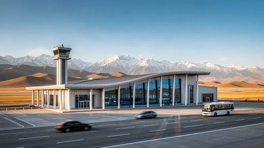 Moderno terminal dell'Aeroporto di Barkol Dahe nello Xinjiang incorniciato dalle vette innevate del Tianshan e dalle colline della steppa durante l'ora d'oro