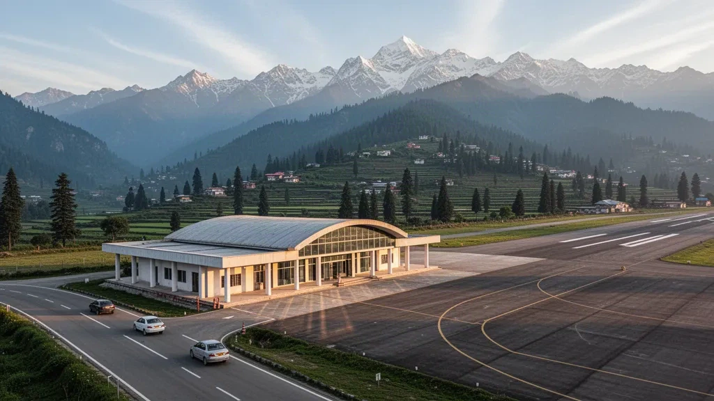 Terminal und Startbahn des Flughafens Kangra in Gaggal mit der schneebedeckten Dhauladhar-Bergkette im Hintergrund in goldenem Himalaya-Licht