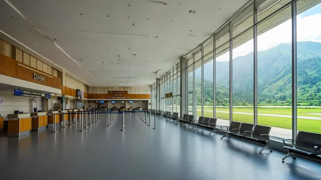 Interior de la terminal del aeropuerto de Kangra DHM en Gaggal, Himachal Pradesh, con mostradores de facturación y las estribaciones del Himalaya visibles.