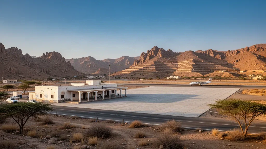 Aeropuerto de Ad-Dali en Yemen a la hora dorada, mostrando su modesta terminal, la plataforma y una pista en el altiplano bajo crestas rocosas.