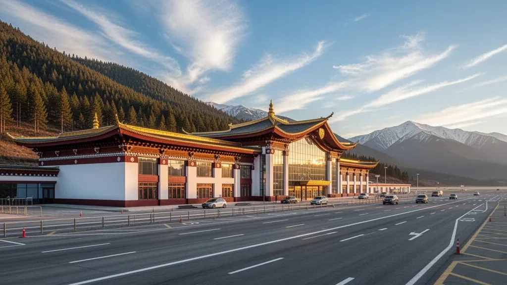 Exterior de la terminal del Aeropuerto de Diqing Shangri-La con arquitectura tibetana, montañas al fondo y luz cálida de la hora dorada.
