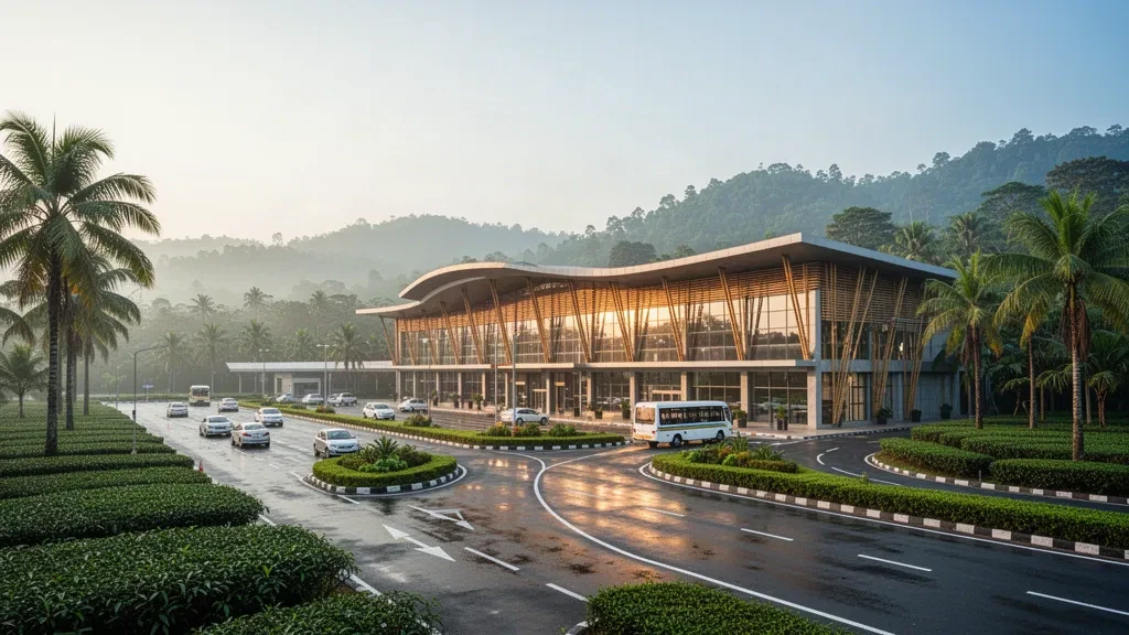 Moderno terminal in vetro e strada di accesso alberata all'Aeroporto di Dibrugarh in Assam, circondata da piantagioni di tè e colline verdi e nebbiose.