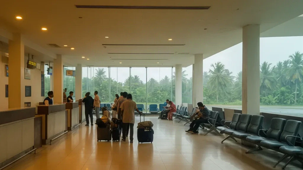 Sala partenze e area check-in all'interno dell'Aeroporto di Dibrugarh DIB in Assam, con posti a sedere, viaggiatori e viste verdi all'esterno